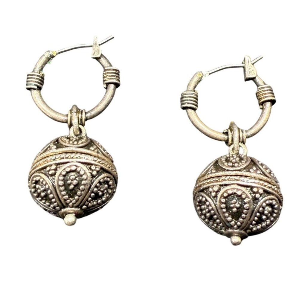 VTG Bali Granulation Bead Dangle Drop Earrings Silver Tone Ethnic Retro